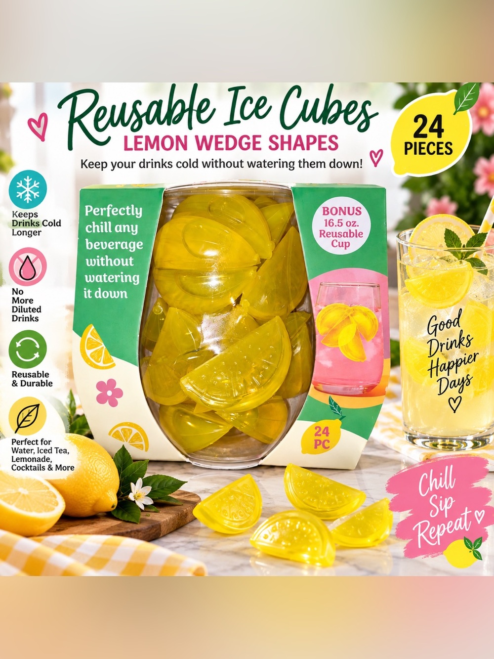 Reusable Lemon Wedge Ice Cubes - Yellow - 24 Pack